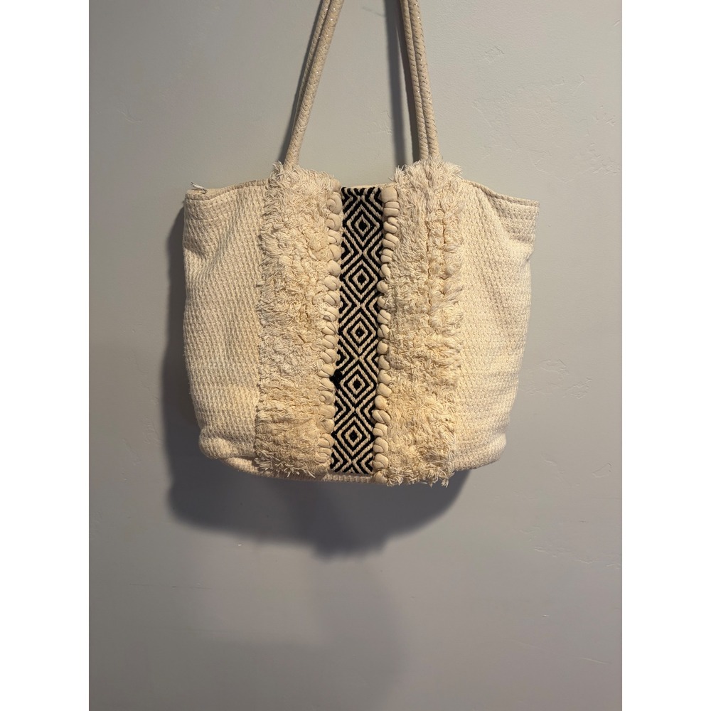 Boho Woven Cotton Tote Bag Cream Geometric Diamond Cowrie Shell Fringe D8978